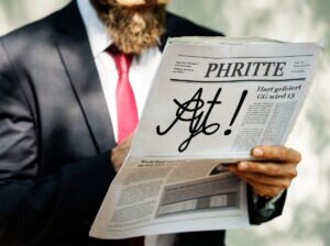 Zeitungsleser schaut auf Artikel der Geo-Giessensis