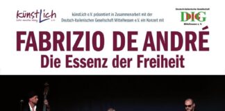 Konzertabend Hommage an den italienischen Liedermacher Fabrizio De André „Die Essenz der Freiheit“ mit der Band Faber Sanna & Friends und Moderation sowie narrativen Beiträgen von Dr. Alessandro Bellardita, Lich, 25.04.2026