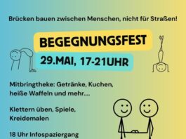 Zweites Fest “Brücken bauen zwischen Menschen, nicht für Straßen” am 29.5. in Reiskirchen