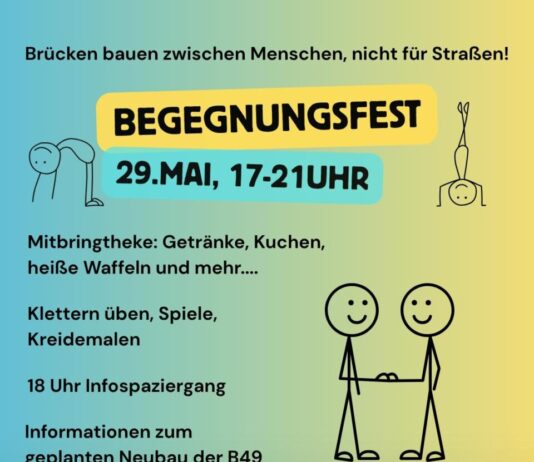 Zweites Fest “Brücken bauen zwischen Menschen, nicht für Straßen” am 29.5. in Reiskirchen