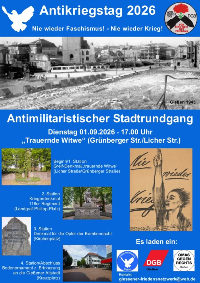 Plakat Antikriegstag 2026 Logos FN+DGB+Omas